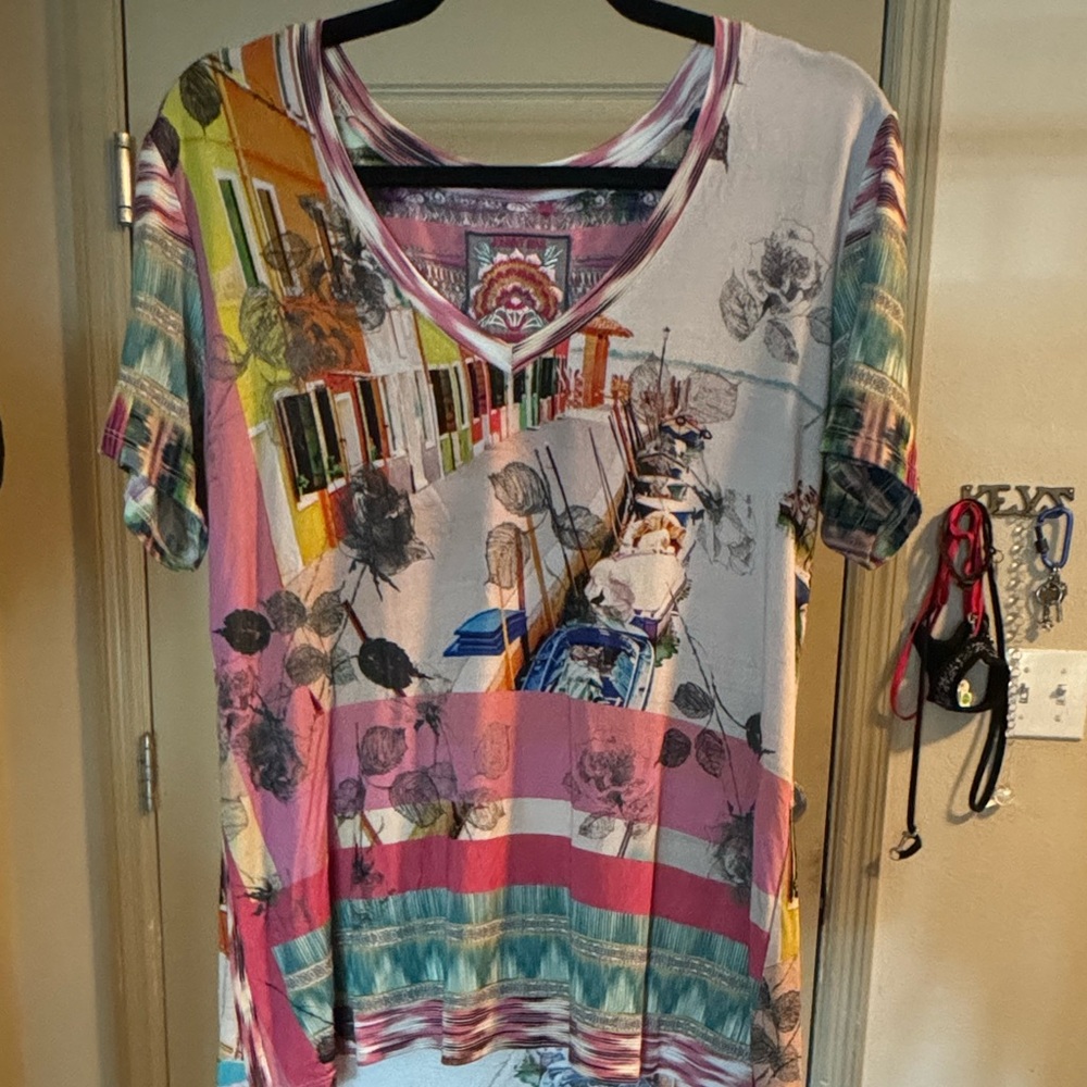 Johnny Was Pink and Blue Graphic Short Sleeve Tee Medium NWOT